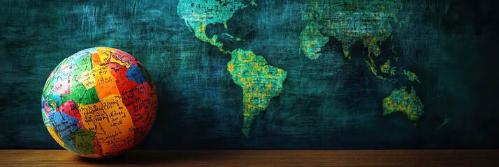 A multi-colored globe with words in different languages against the background of a world map. International Mother Language day. Horizontal banner. Copy space. Multiculturalism, equality concept