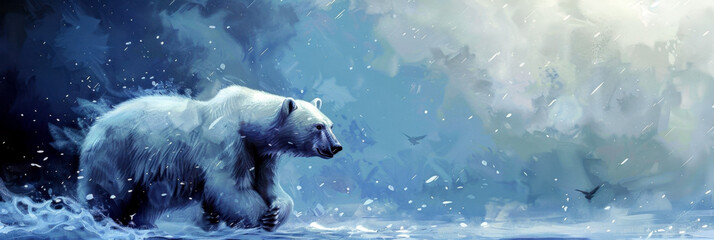 Obraz premium Shaggy polar bear running in the snow. Oil paint illustration. International Polar Bear Day. Horizontal banner Copy space. Wildlife conservation. Environmental, animal protection. World Wildlife Day