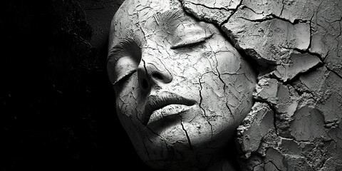 A woman's face is shown in a black and white photo with a cracked