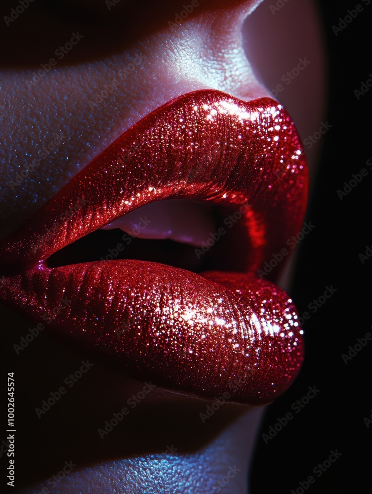 Poster close-up of glossy lips highlighting a vibrant, shiny finish with a captivating shimmer under soft l