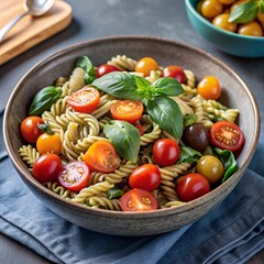 A delicious vegan pesto pasta dish, garnished with vibrant vegetables and fresh herbs, presented on a ceramic plate