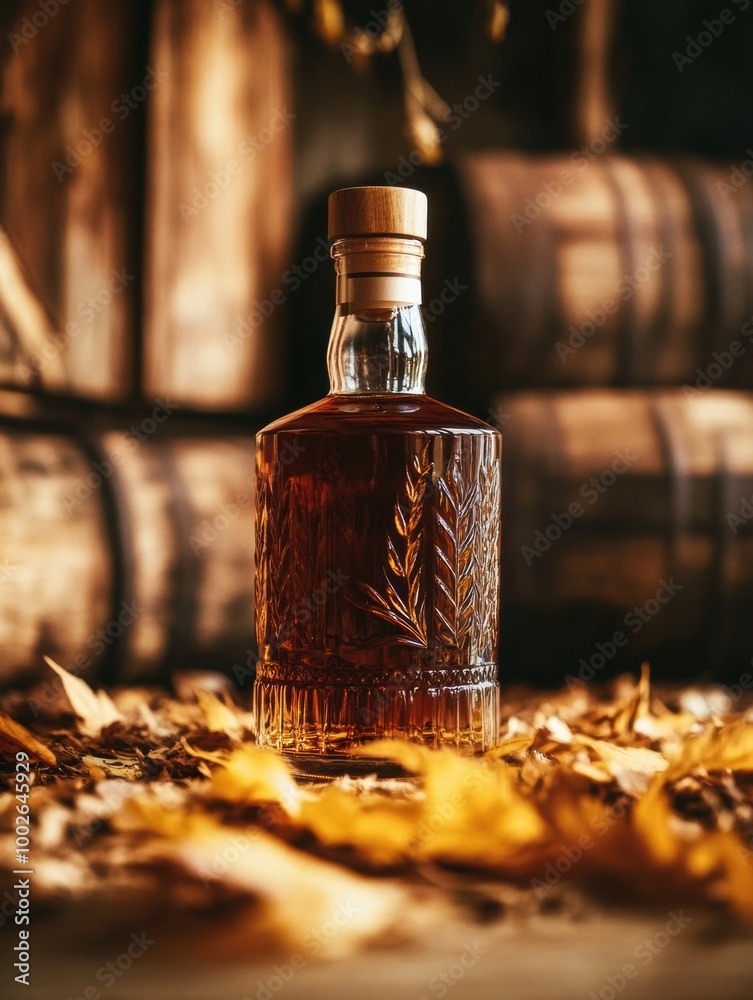 Poster a close-up view of an elegant whiskey bottle nestled among fallen autumn leaves with wooden barrels 