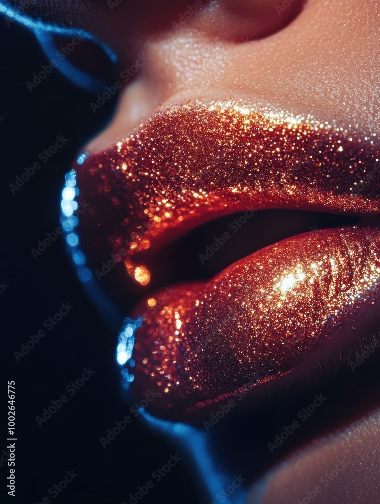 Poster close-up of glossy lips with a vibrant, shiny finish showcasing a dazzling effect in an artistic lig