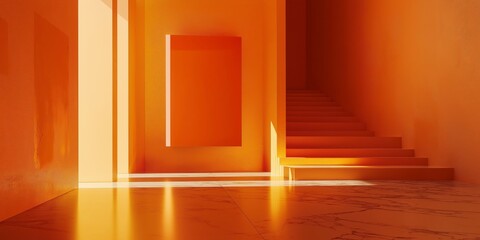 Abstract orange interior with stairs plays with sunlight and shadows, creating a warm, intriguing geometric space.