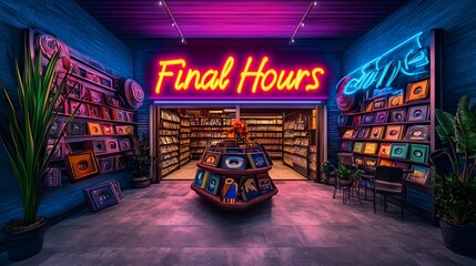 Retro Neon Final Hours Sign Over Cassette Store Display.