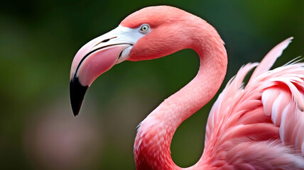 A pink flamingo with a long neck and pink feathers