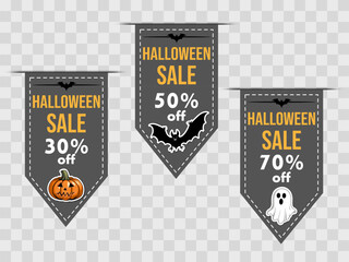 halloween sale, set of discount tegs, stickers, labels with  ghost, bats, pumpkin to promote purchases in the autumn season. modern bright vector illustration 