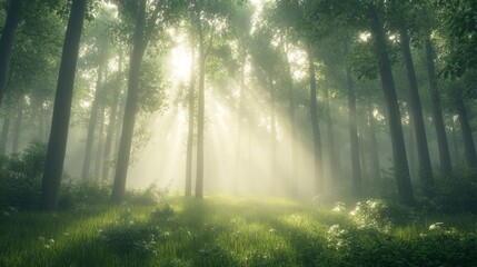 Obraz premium A foggy forest clearing at daybreak, with light filtering through the mist