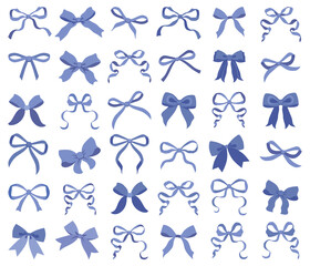 Vector Illustrations of blue vintage bow set. Bow for girly hair decor, flat icons. Ribbons isolated. Trendy girls accessories. Cute hairstyle elements collection.Simple handdrawn blue ribbon bow