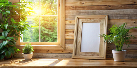 Mockup frame in Scandinavian living room, 3D rendering With windows, potted plants, sunlight 9988