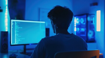 Man working at a computer desk with multiple screens displaying code