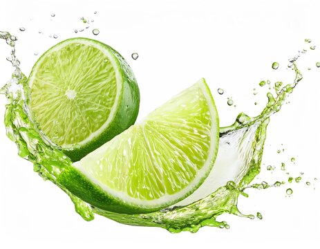 fresh fruity lemon pieces, orange and lime pieces on white background with a splash of water