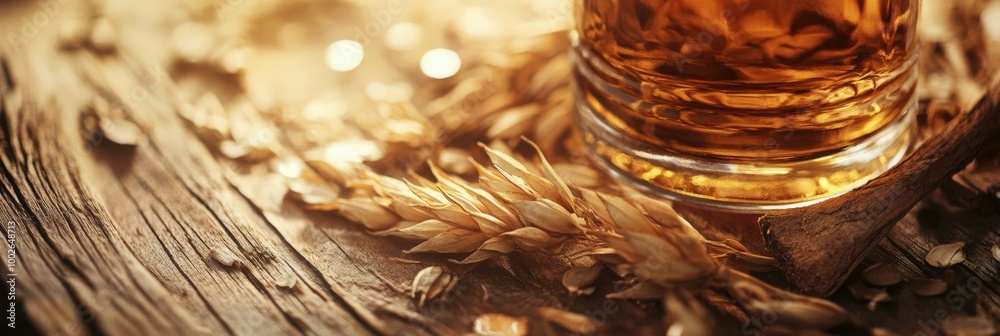 Poster A close-up view of a rich amber whiskey bottle surrounded by barley on a rustic wooden table with soft lighting. Generative AI