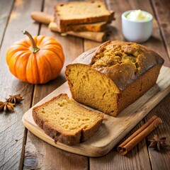 A delicious Thanksgiving treat showcasing a golden-brown loaf of pumpkin bread, surrounded by fall spices
