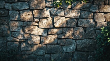 Obraz premium Close-up of a stone wall with shadows and greenery