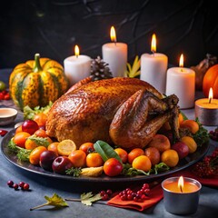 A traditional Thanksgiving dinner scene with a golden-brown turkey, seasonal decor, and a cozy, inviting atmosphere