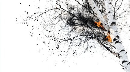 Fototapeta premium Birch tree with flames burning on its trunk, while leaves fall from its branches