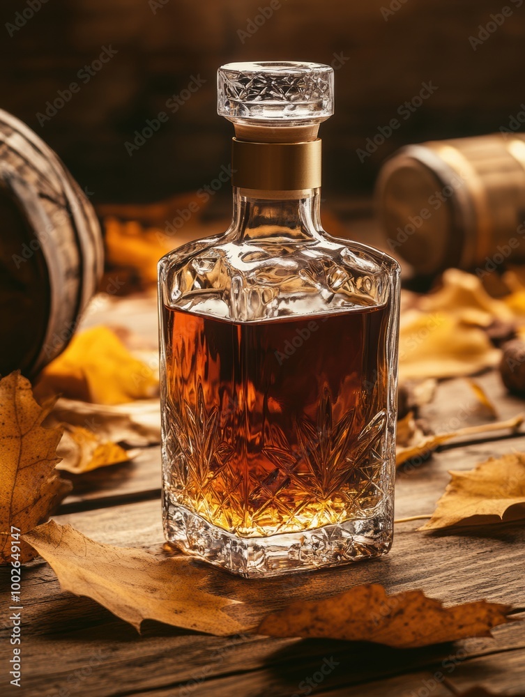 Poster a close-up view of a beautifully crafted whiskey bottle amidst autumn leaves and wooden barrels in a