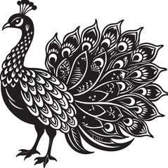 Fototapeta premium Vector art silhouette of a peacock in black against a white background, highlighting its graceful form and feathers