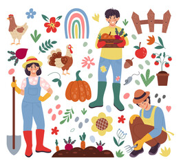 House farm. Cute gardener. Happy agriculture worker. Care of domestic animals. Farmers grow vegetables. Chicken and turkey. Organic products. Home garden. Village flowers. Vector farming elements set