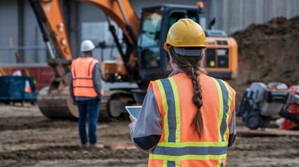 Active Construction Site Worker with Tablet Overseeing Excavation Near an Orange Excavator