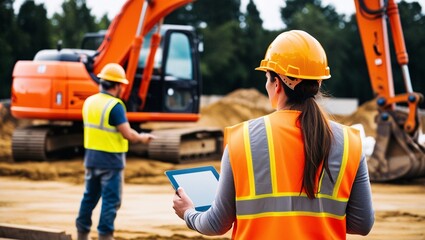 Active Construction Site Worker with Tablet Overseeing Excavation Near an Orange Excavator