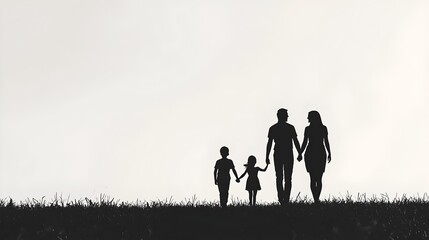 Fototapeta premium Minimalist Silhouette of Loving Family Walking Hand-in-Hand on White Background