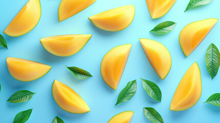 Vibrant mango slices scattered on a mint green background, complemented by fresh green leaves for a refreshing look.