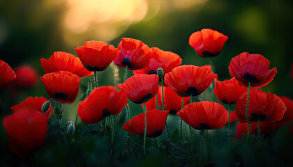 Obraz premium Vibrant red poppies blooming in a lush green landscape, captured with soft natural light.