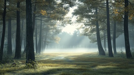 Fototapeta premium A misty woodland scene in the early morning, with soft light diffusing through the mist