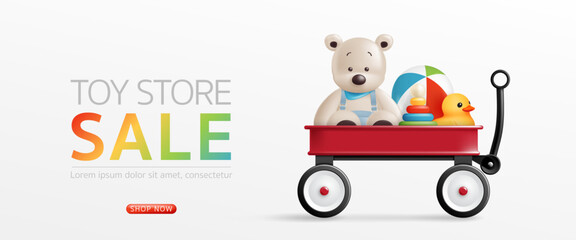 3d Toy store sale banner with cute bear, yellow duck, wooden toy in a toy wagon for kid advertisement, baby flyer, discount promotion online shop, background, poster, social media post, web. vector