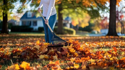 Autumn Serenity A person raking vibrant fall leaves in a peaceful suburban neighborhood, bathed in warm sunlight with a blurred house in the background