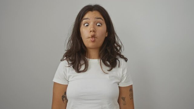 Woman standing and making crazy fish face with eyes and mouth - young hispanic female in white t-shirt over isolated background, comical and fun expression