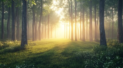 Fototapeta premium A peaceful forest clearing at dawn, with soft light gently breaking through the mist