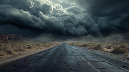 A remote desert highway with distant storm clouds, ultra detailed