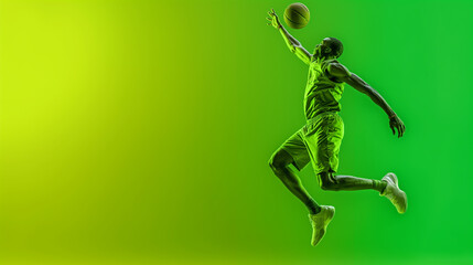 Dynamic basketball player in mid-jump against a vibrant neon green background. Ideal for sports, action, and athleticism themes 