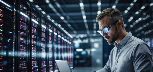Cutting-edge Vision Tech Guru in Futuristic Data Center Utilizing Laptop Amidst Warehouse, Streamlined Digitalization with Server-Based Information. SAAS, Cloud Computing, Web Service Empowered 