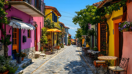 Fototapeta premium Vibrant Street Scene Colorful Houses Quaint Cafes Cobblestone Pathway Sunny Day Beautiful Decor