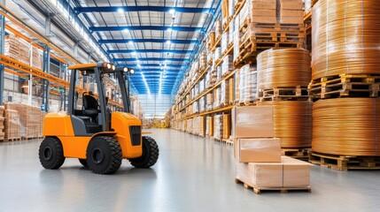 Naklejka premium Rubber cables on wheels are organized and ready for shipment in a spacious warehouse, with production lines operating in the background, preparing for customer delivery