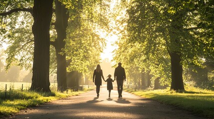 A family of three walking down a tree-lined path,seen from the back,with warm sunlight filtering