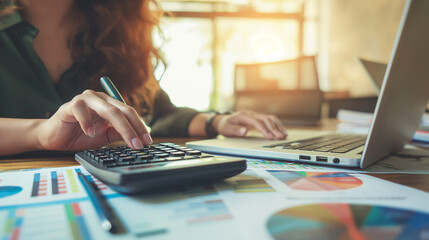 Fototapeta premium Business woman working, using calculator to calculate home finance, accounting with laptop computer on office table, budget management