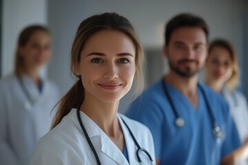 Fototapeta premium Smiling female doctor with medical team in the background