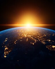 Obraz premium Stunning view of Earth from space at sunrise, showcasing vibrant colors and city lights. A breathtaking moment of natural beauty.