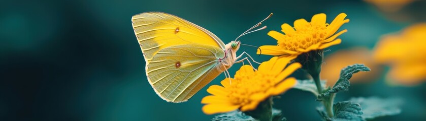 vibrant yellow butterfly rests delicately on bright yellow flowers, showcasing beauty of nature. soft focus background enhances vivid colors, creating serene atmosphere.