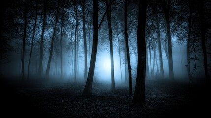 Fototapeta premium Spooky forest scene at night with eerie fog and ghostly blue lights illuminating the trees. The haunted atmosphere creates a chilling horror background perfect for Halloween or any creepy concept, wit
