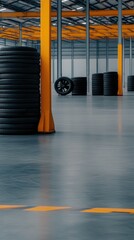 Rubber cables on wheels are organized and ready for shipment in a spacious warehouse, with production lines operating in the background, preparing for customer delivery