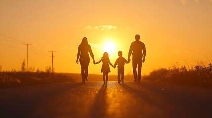 Fototapeta premium Silhouetted Family Walking on Open Road at Sunset
