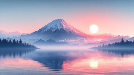 Serene mountain landscape at sunrise reflecting on calm water.