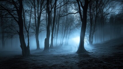 Spooky forest scene at night with eerie fog and ghostly blue lights illuminating the trees. The haunted atmosphere creates a chilling horror background perfect for Halloween or any creepy concept, wit