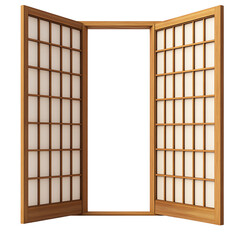 Double wooden sliding door with transparent panels, white isolate background transparent background